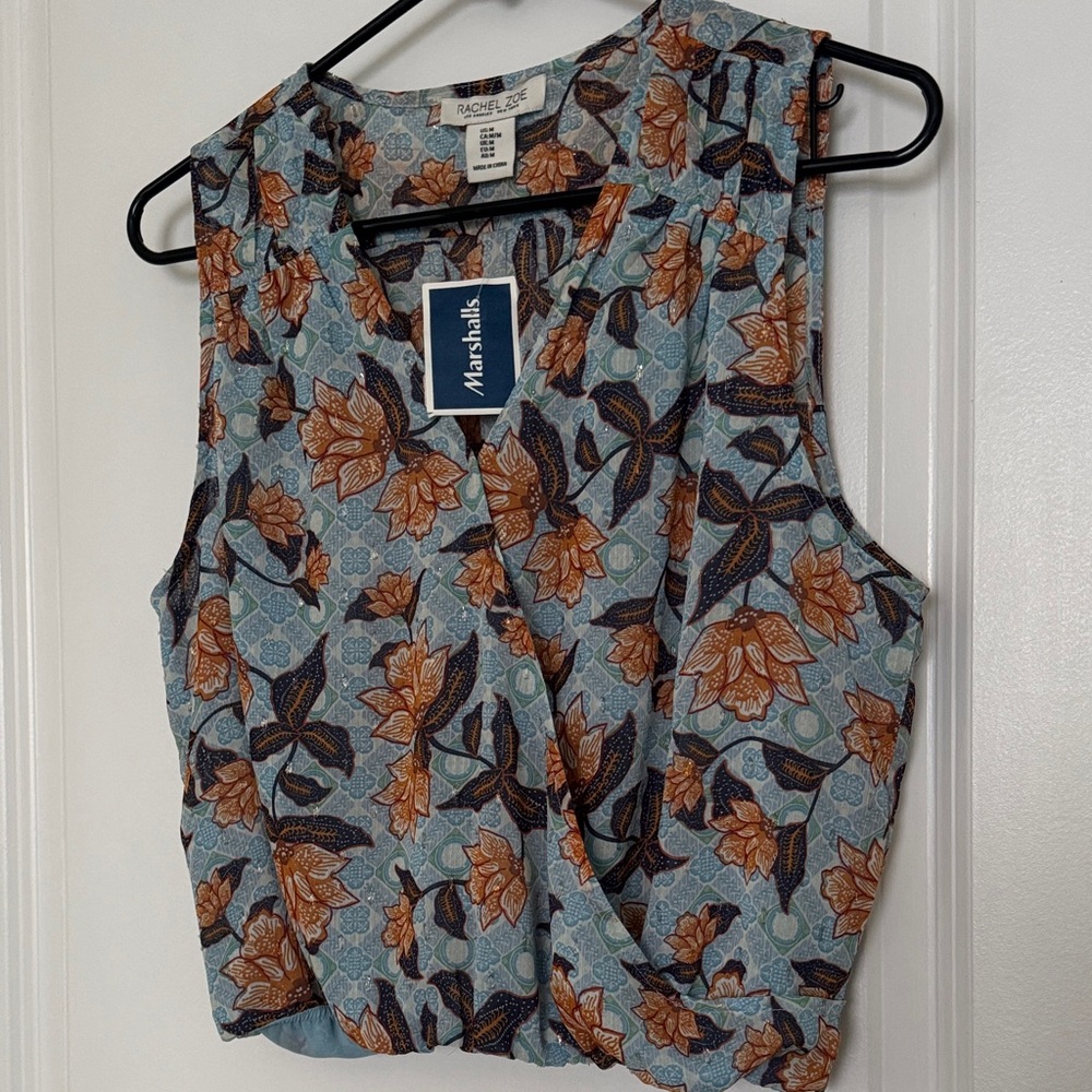 Rachel Zoe Sleeveless Floral Blouse - Blue and Orange